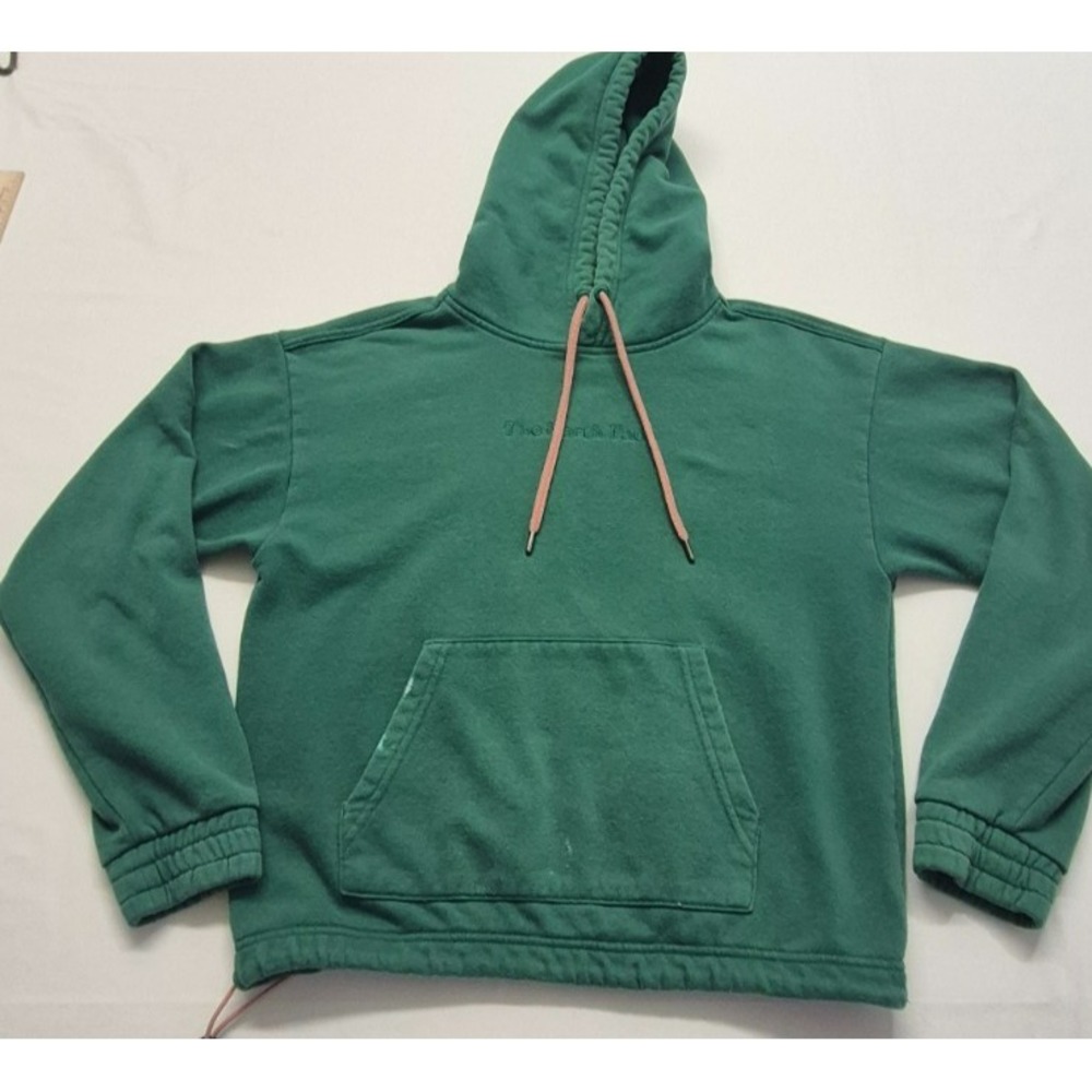 North Face women's green pullover front pocket pink drawstrings hoodie sz. XS